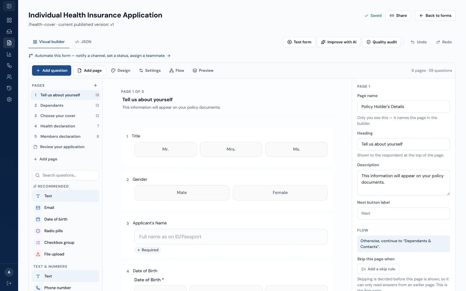 The UndaForms form builder editing an Individual Health Insurance Application: a list of pages on the left, the first page's questions in the middle, and that page's settings and flow rules on the right, with Test form, Improve with AI and Quality audit buttons above.