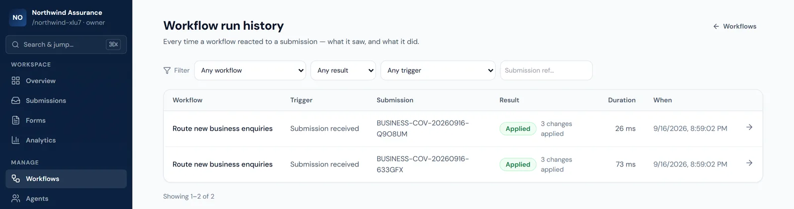 Workflow run history listing two runs of Route new business enquiries, each triggered by a received submission and marked Applied with 3 changes, with duration and time.